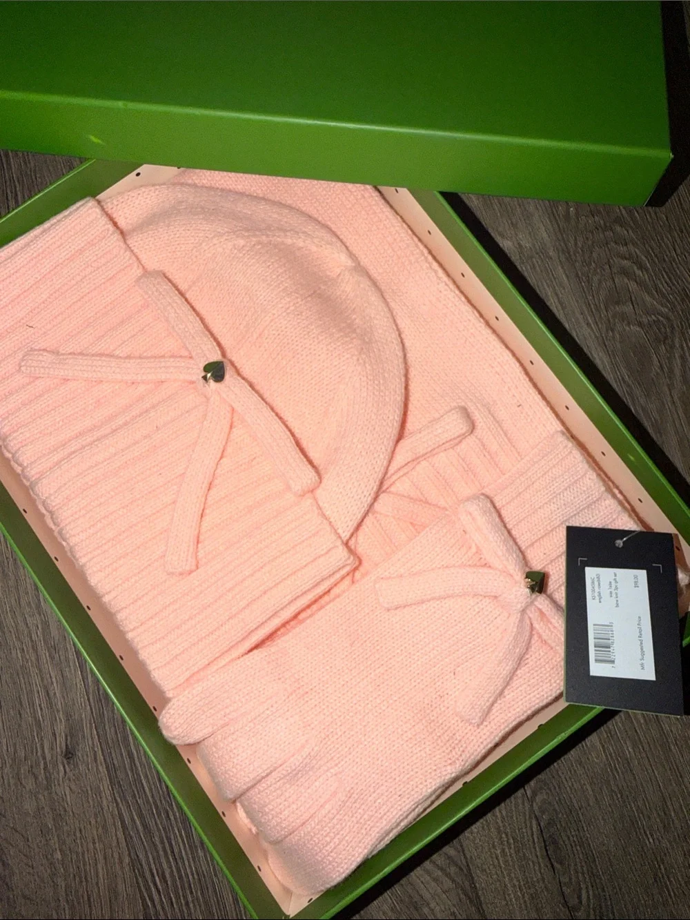 kate spade blush pink bow knit hat and gloves set